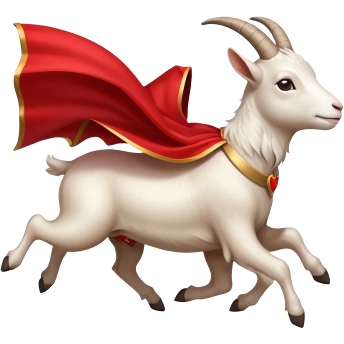 side view of white female goat wearing a read cape like superman emoji