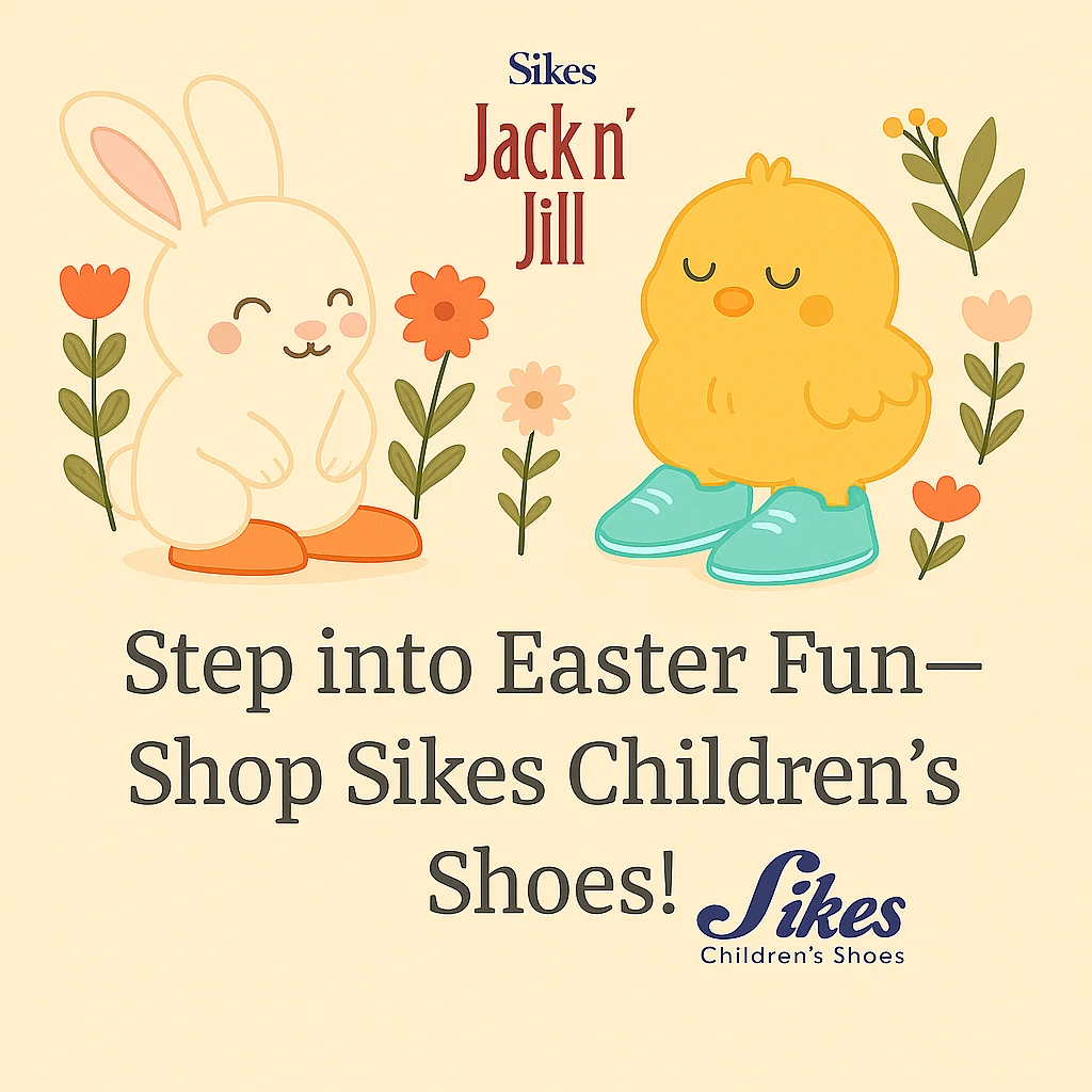 Restore the full Sikes Children's Shoes logo so it is completely visible, but keep it small and subtle. Maintain the pastel background, bunny and chick with shoes, floral accents, and the headline: 'Step into Easter Fun—Shop Sikes Children’s Shoes!'. Ensure the entire logo is present and not cropped. emoji