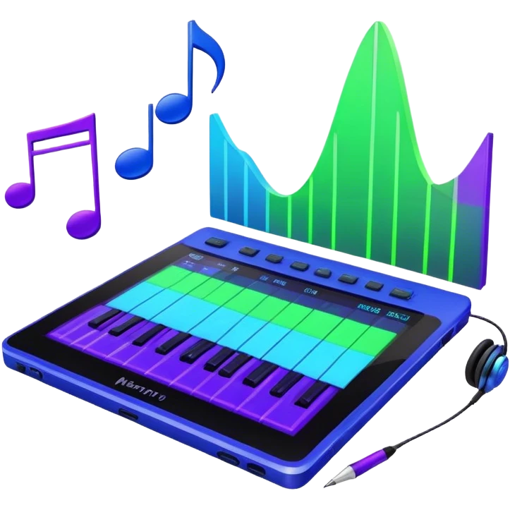 Create a creative and inspiring emoji that represents writing music tracks. The design should feature musical notes, a pen or pencil, and a digital audio workstation (DAW) interface or a computer screen with a visible waveform, symbolizing the process of composing and arranging a track. Add elements like a metronome or a pair of headphones to reflect the recording and editing aspects. Use vibrant colors like electric blue, purple, or neon green to represent creativity and innovation in music production. The background should be transparent. emoji