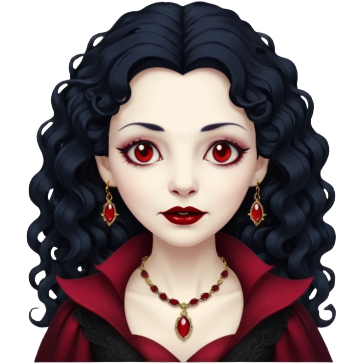 old Vampire lady Pale queen with ruby necklace, curly black long hair emoji