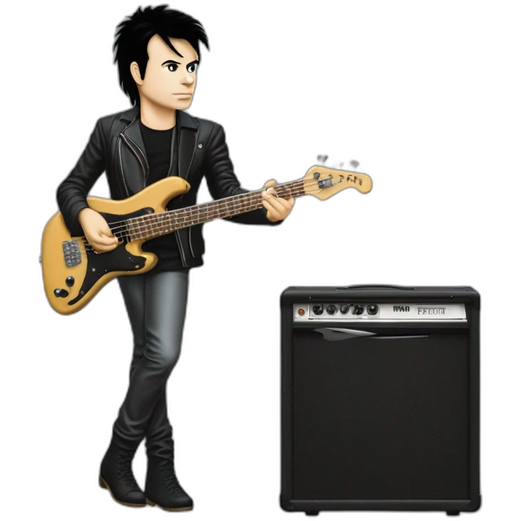photo realistic, full body, Gary Numan in 1979, playing, Yamaha black bass guitar, standing up, front view emoji