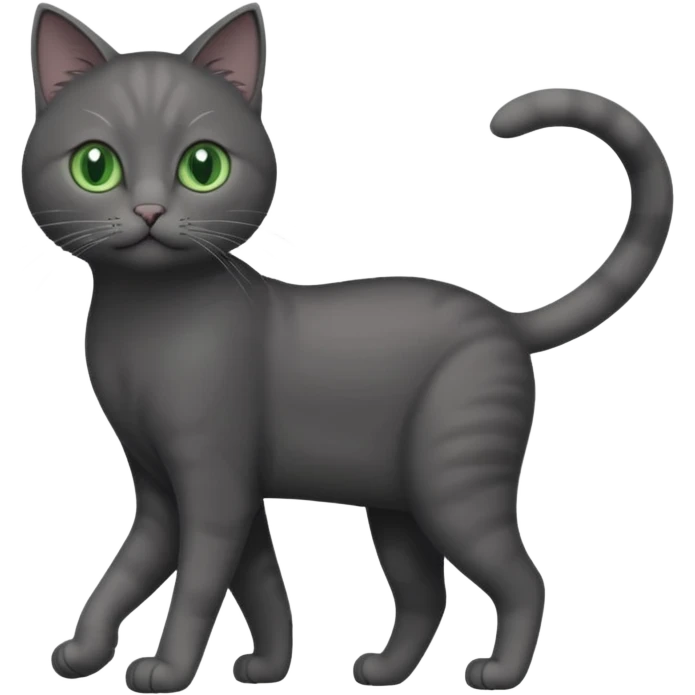 full body gorgeous solid dark grey cat with green eyes, white paws and white whiskers walking emoji