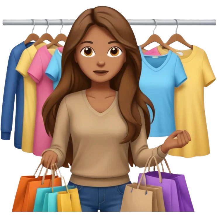 woman with brown long hair buys clothes in a store, shopping vibe emoji