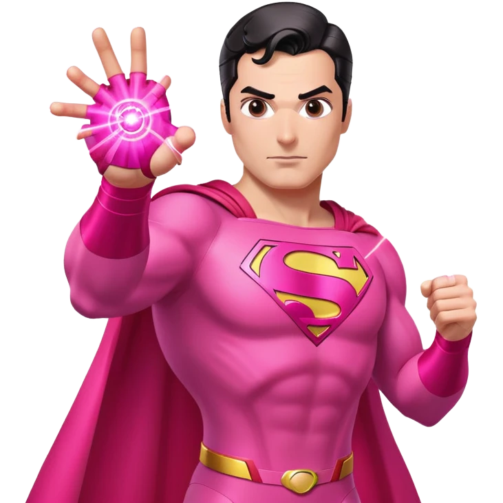 Generate an image of Superman wearing a bright pink superhero suit, with his eyes glowing bright pink as he fires a powerful pink laser beam from them emoji
