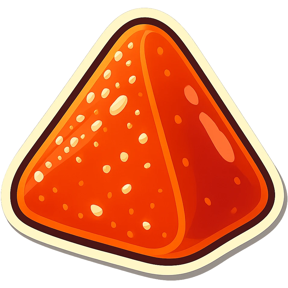 Convert the image to a playful, photorealistic dalgona candy in sticker style with a white border, shaped like a triangle. The style should be sticker-like, playful, and photorealistic. emoji