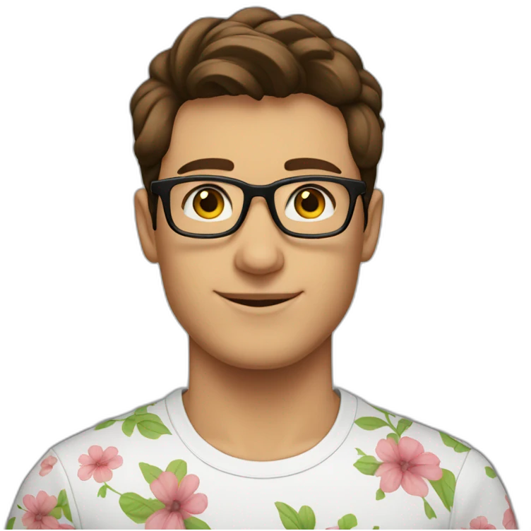 brown hair up guy wearing glasses and black t-shirt with flower print emoji