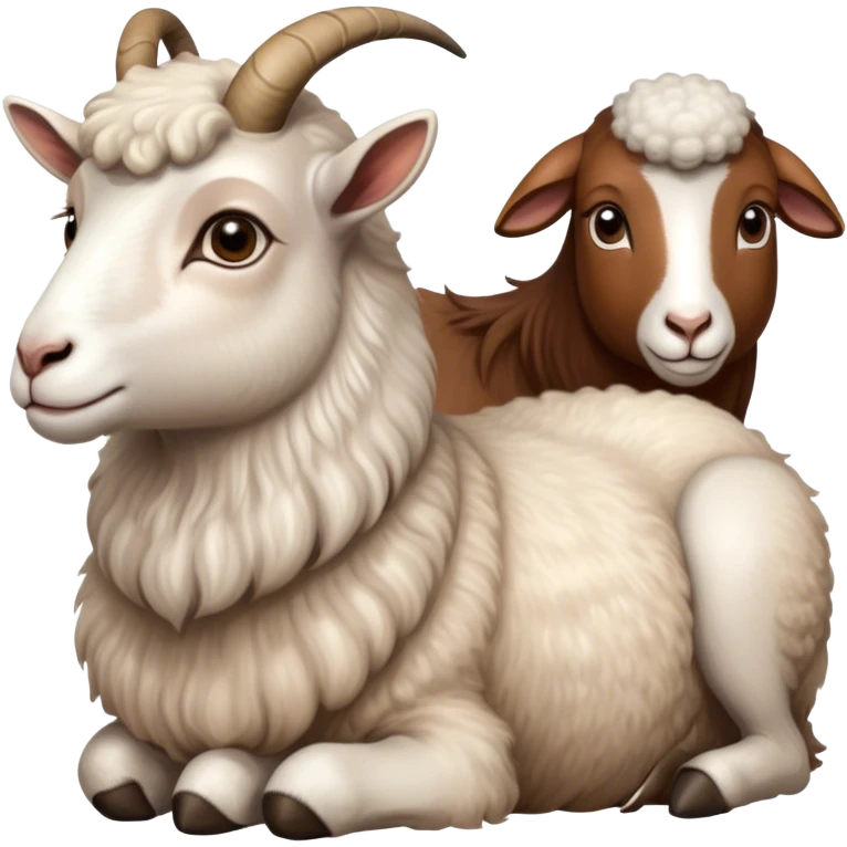 Portrait collage of domestic hooved animals: A calm goat with soft fur, a fluffy sheep with large eyes, and a noble horse with a shiny coat. Soft green meadow and distant hills in the background. Transparent background. emoji