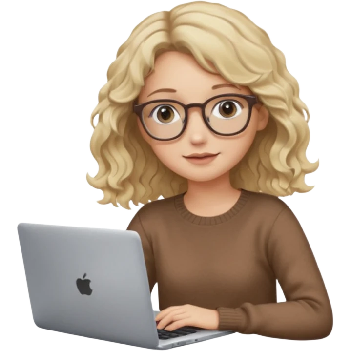 blonde girl with dark blonde wavy hair, pantos-style glasses, a brown sweater, sitting with a laptop, soft pastel colors, upper body shot emoji