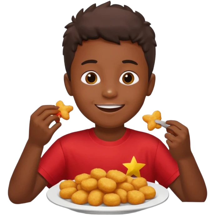 A boy with dark skin wearing a red and yellow t-shirt, eating star-shaped chicken nuggets with ketchup sauce. emoji