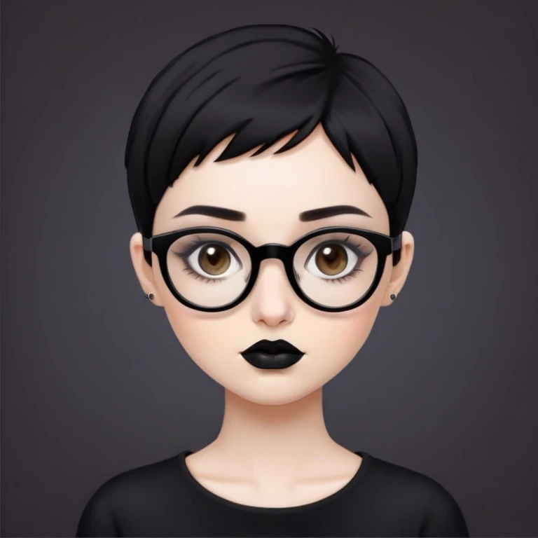 Girl with palw skin, with short black pixi hair cut, brown eyes with eyeliner, dark brown eyebrows, black lips, with big black squadre glasses, septum at nose, black clothes. emoji
