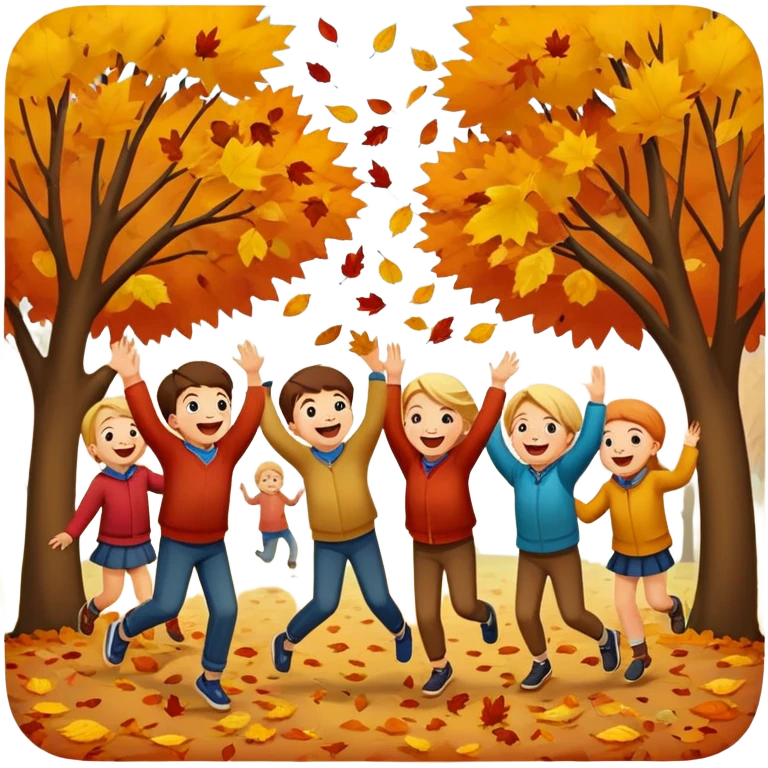 group of kids playing and tossing leaves in the air, autumn background emoji