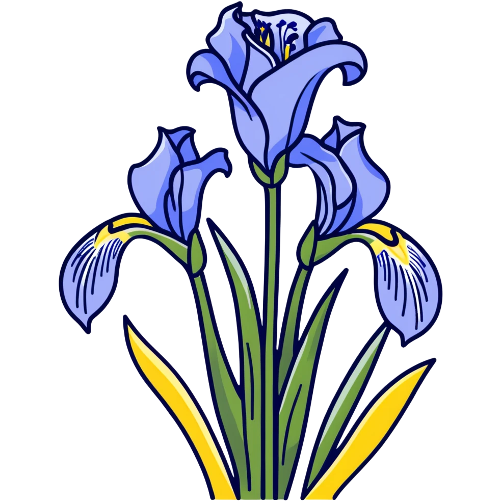 Elegant blue iris flower showing characteristic iris form with three drooping falls and three upright standards, with decorative long leaves emoji