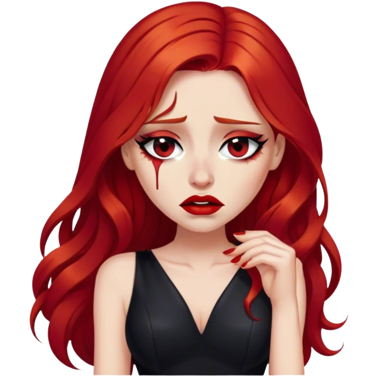 a crying woman with long red hair and red eyes. The woman wear a black little cutted dress. She have red lipstick and she have a seductive look. She cryed tears  emoji