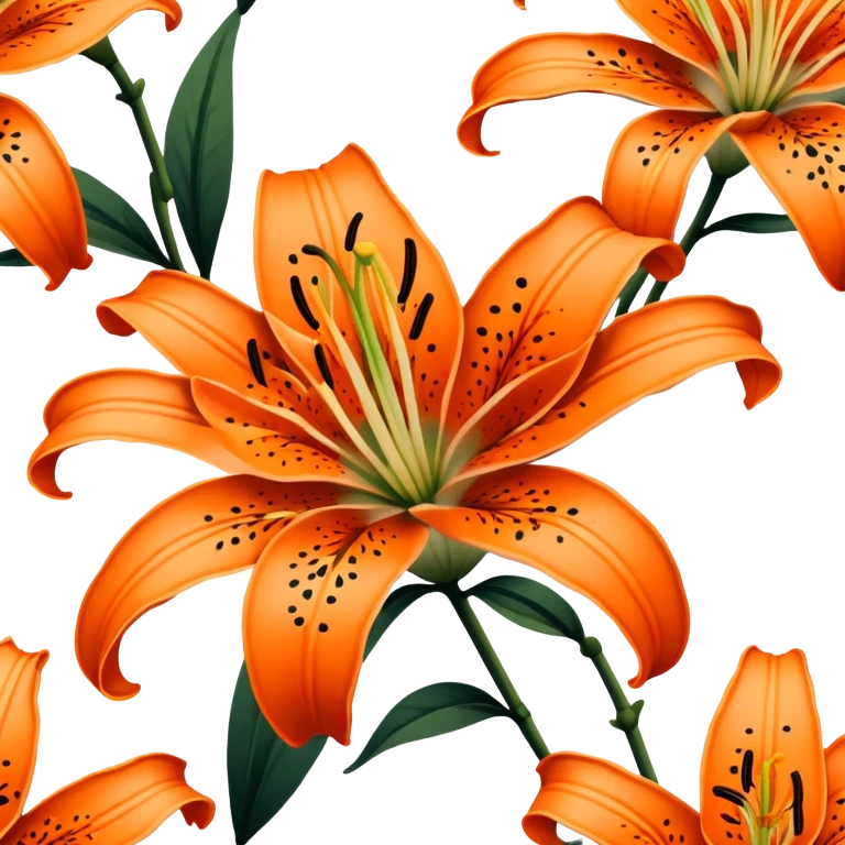 Japanese style tiger lily (oniyuri) flower in ukiyo-e inspired design, bright orange petals with distinctive black spots, curved-back petals, traditional composition like in Japanese woodblock prints emoji
