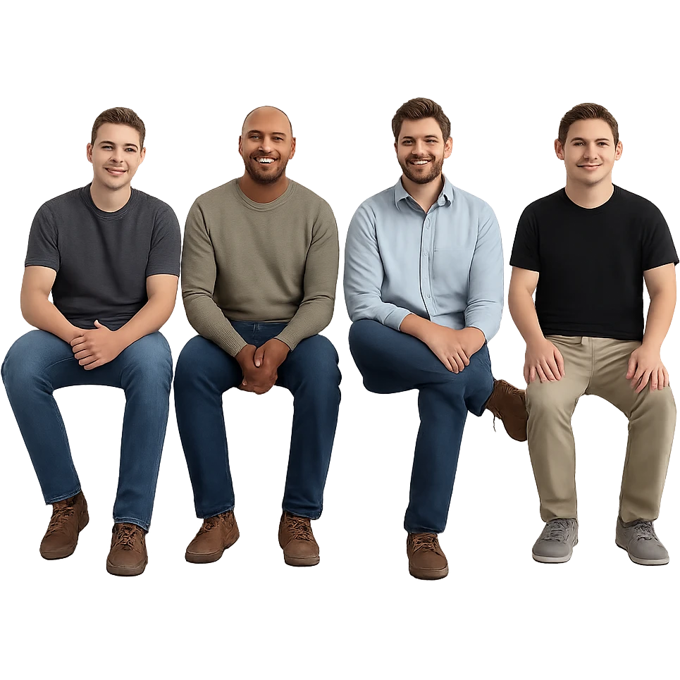 regular men, sitting, relaxed pose, plain background emoji