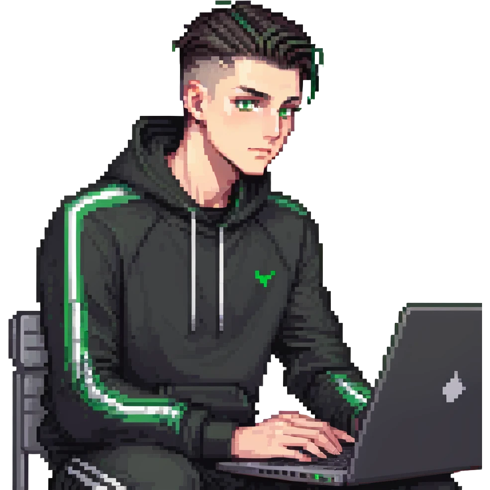 male with dark hair, high fade haircut, high slick back hairstyle, green eyes, wearing a black tracksuit, coding on black laptop emoji