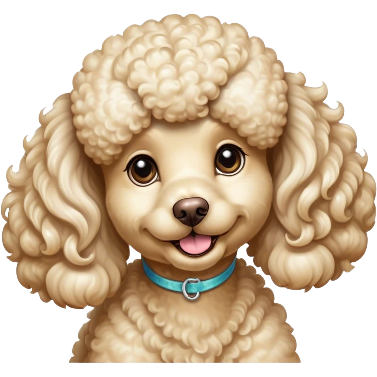 Cinematic Cute Cream Poodle Portrait Emoji, Head tilted playfully and inquisitively, showcasing a bouncy, curly cream Fur with a luminous sheen, round, sparkling warm eyes filled with curiosity, Simplified yet irresistibly adorable features, highly detailed, glowing with a warm, friendly glow, high shine, affectionate and lively, stylized with a touch of whimsy, bright and endearing, soft glowing outline, capturing the essence of a mischievous yet loving companion, so playful it feels like it could bounce out of the screen and into your arms! emoji