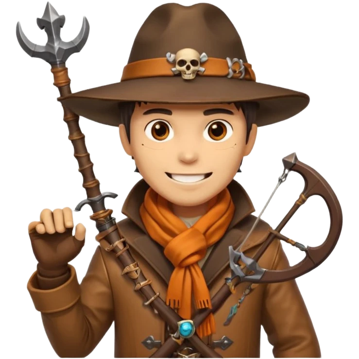 male human monster hunter emoji, wearing brown leather coat and wide hat, holding crossbow, with amulet shaped like skull, Halloween fantasy theme, confident smile, orange scarf, Apple emoji style, clean white background, square image emoji