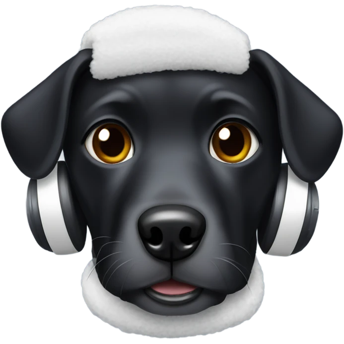 black dog with white chest wearing ear muffs emoji