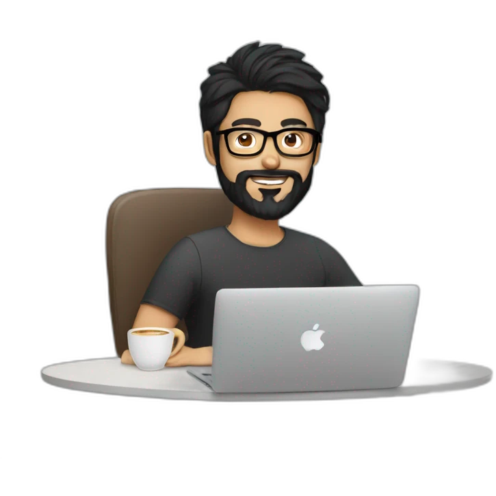 Designer with black hair, beard and glasses working with MacBook and drinking cappuccino  emoji