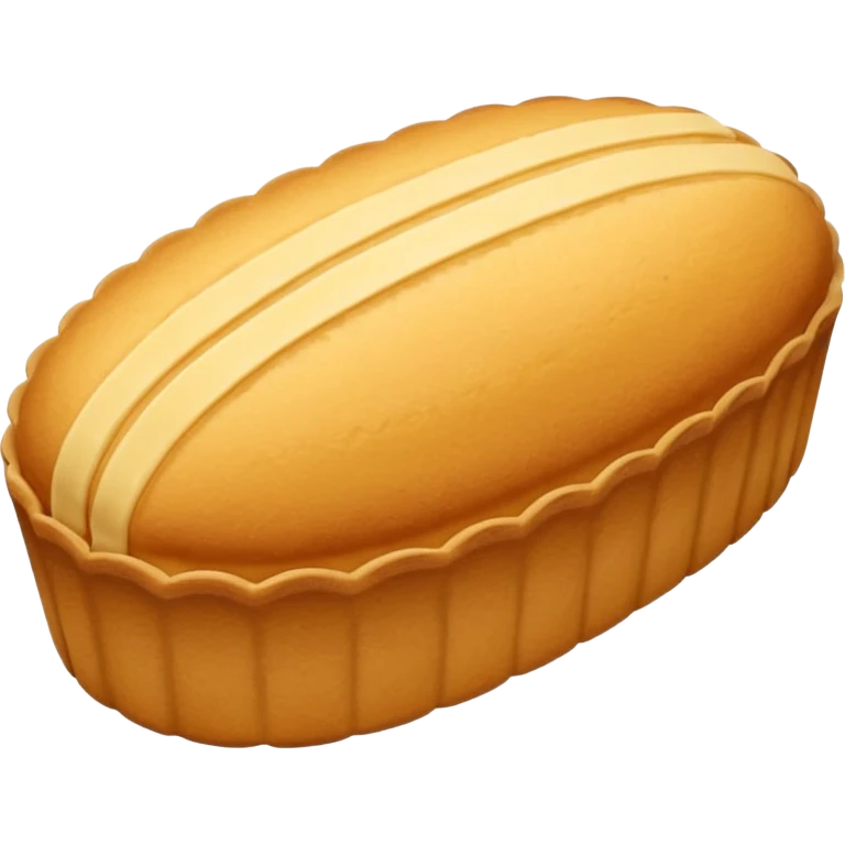 A madeleine pastry. Oval shaped with four to five vertical lines going in the same direction. Scalloped seashell shape. Light golden brown. Scalloped edge. Cookie. Flat. emoji