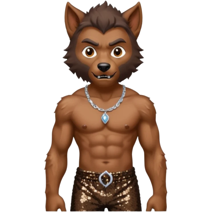 Werewolf with brown fur, dark brown sequin baggy pants, shirtless with necklace emoji