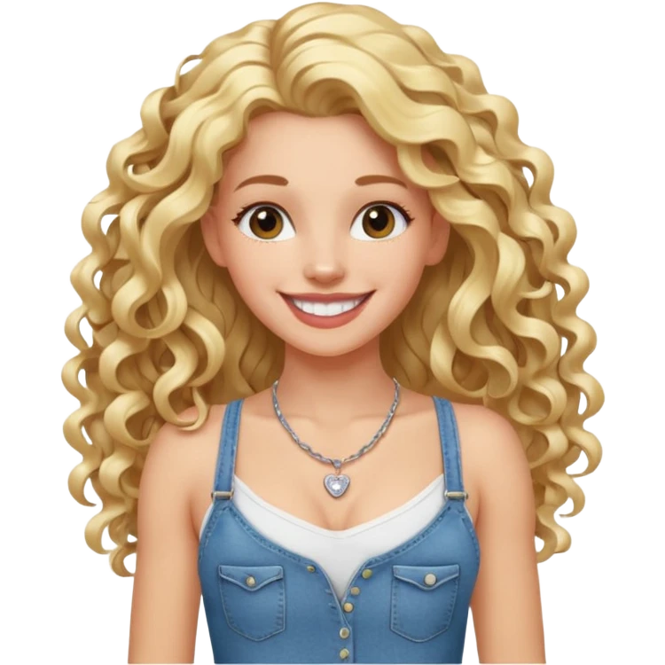 cheerful white girl with long blond curly hair with hairgrip, fit slim with some muscle definition, dressed in jeans and white strappy t-shirt, wearing necklace, big white smile emoji