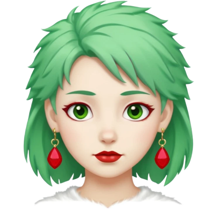 white furred unicorn with green hair and big red earrings looking into camera emoji