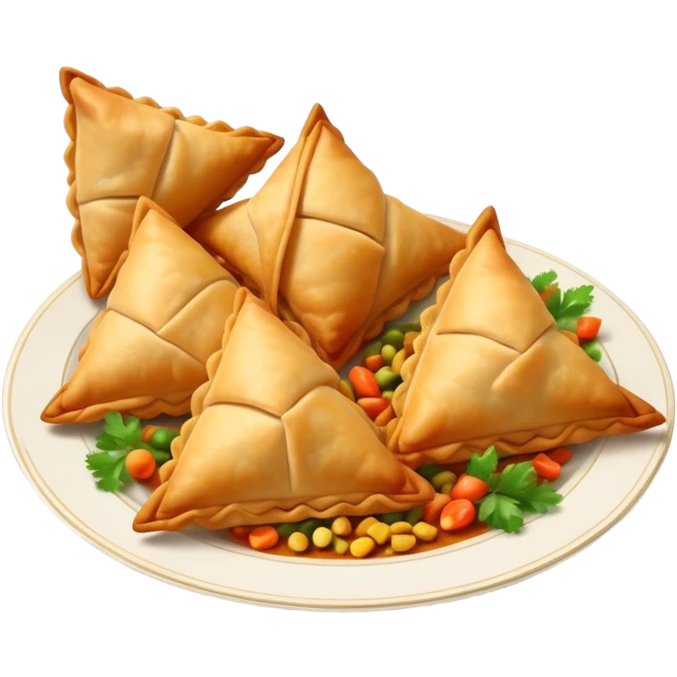 Cinematic Realistic Samosas Dish Emoji, depicted as golden, crispy pastry pockets filled with spiced vegetables rendered with detailed textures and appetizing lighting. emoji