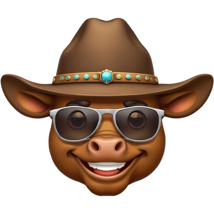 smiling bull head with prominent horns, dark sunglasses, and cowboy hat emoji