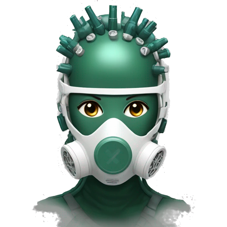 Dark green Mohawk female cyborg head with white respirator mask and circuits emoji