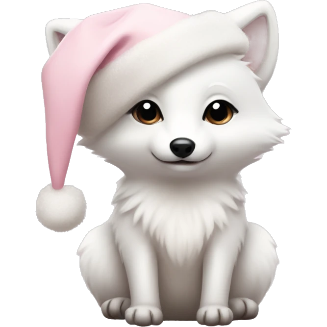 baby polar fox with a pale pink christmas hat emoji