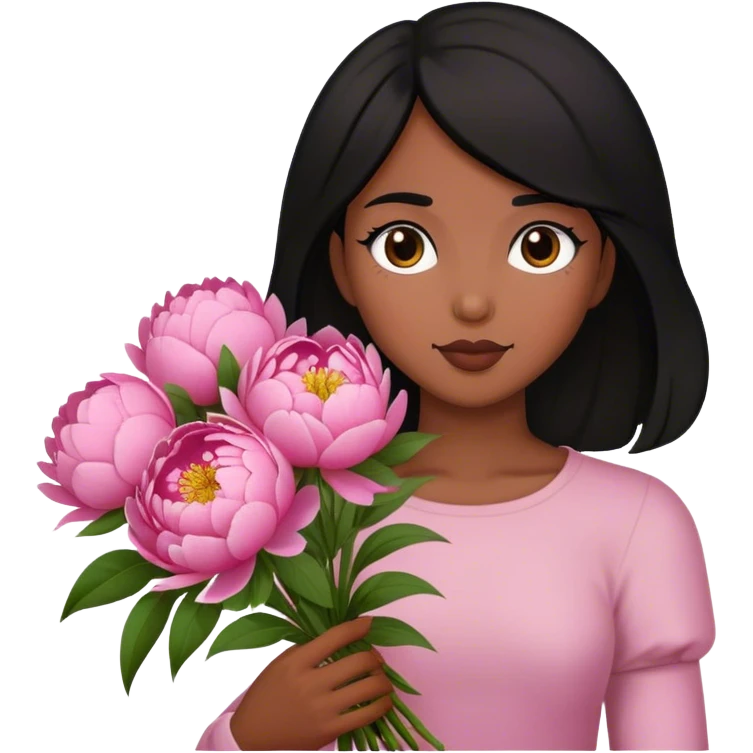 Black hair girl holding a peonies bouquet  emoji