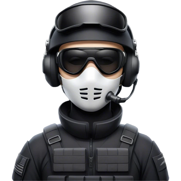 Futuristic special forces soldier, white mask, black sunglasses, military headset, dark uniform, dramatic lighting. emoji