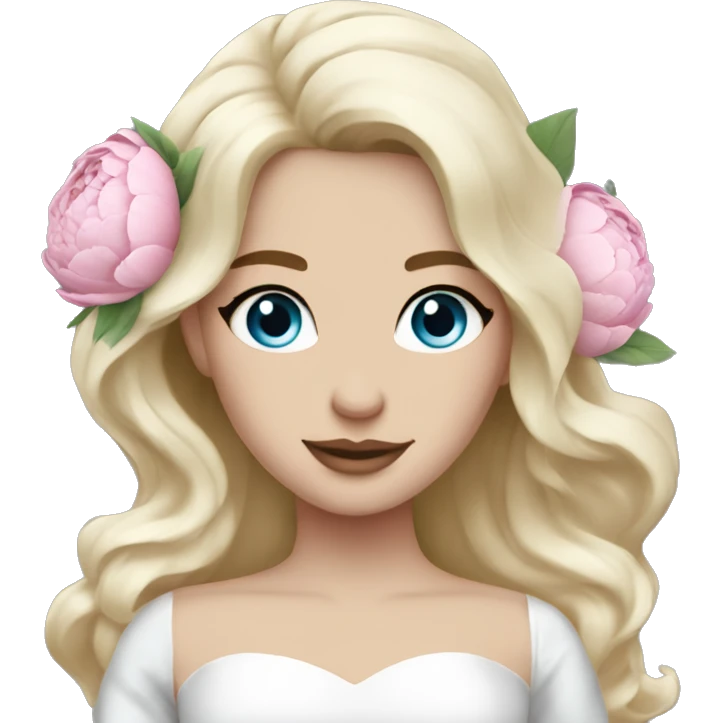 White bride with long light blonde hair and blue eyes with light pink peonies in hair white skin  emoji