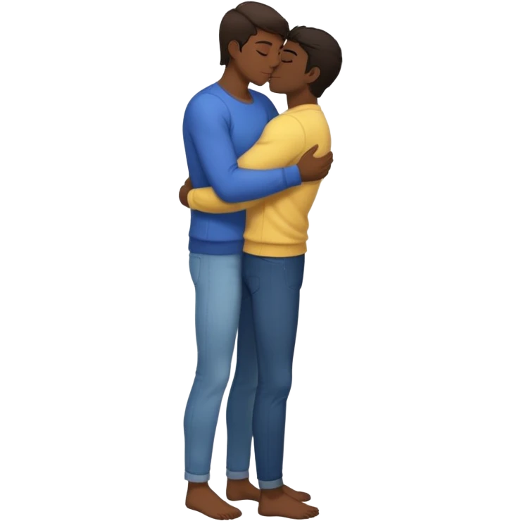 1 adult male dark skin ,1 light skin dark hair adult male, naked, cuddling, kissing, love passionate, full body view  emoji