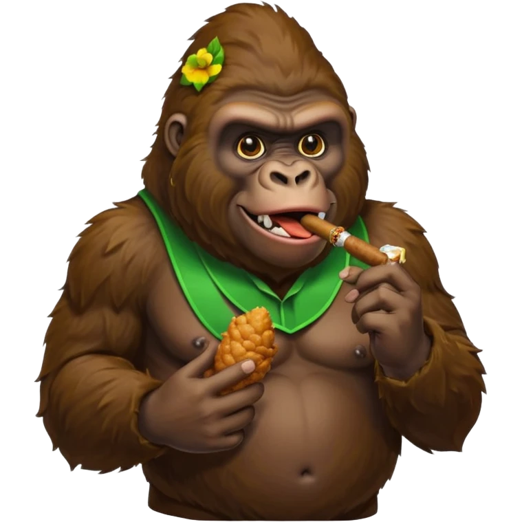 make a gorilla eating fried chicken in one hand and a cigar with green filling inside it in the other hand emoji