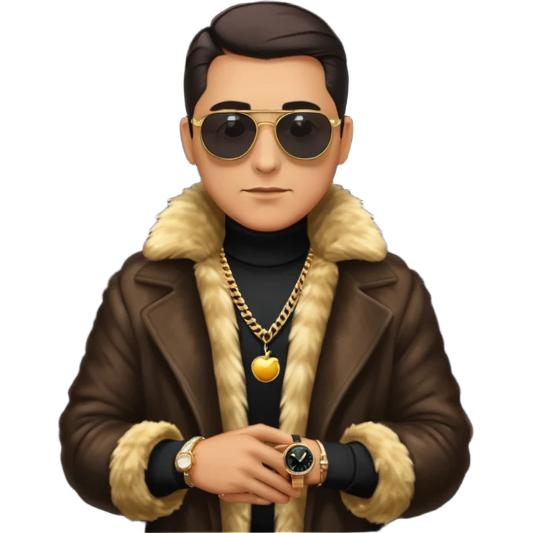 bearded man with slicked back hair, wearing dark sunglasses, a luxurious fur coat over a black turtleneck, gold chains and a watch, minimalist flat design, glossy Apple emoji style, simple facial features, centered full-body icon on white background emoji
