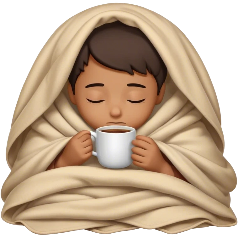 Little brown Boy eyes close inside a blanket sipping coffee eyes closed without bed emoji