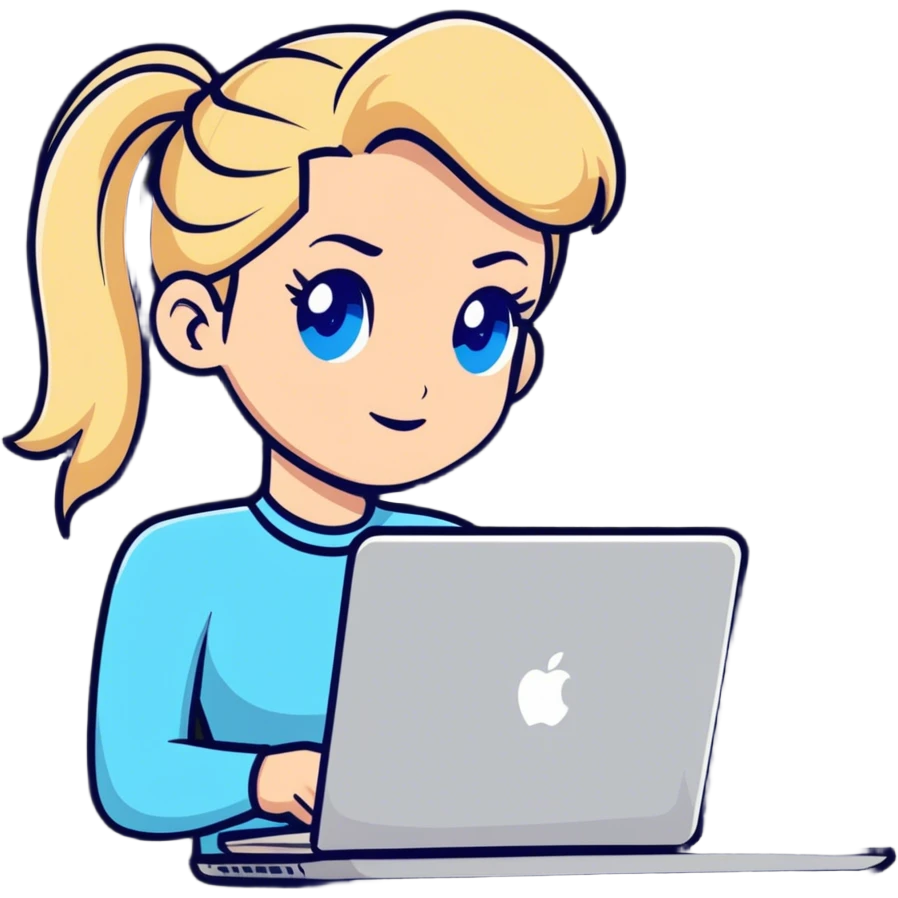 Blonde woman ponytail blue eyes with MacBook emoji