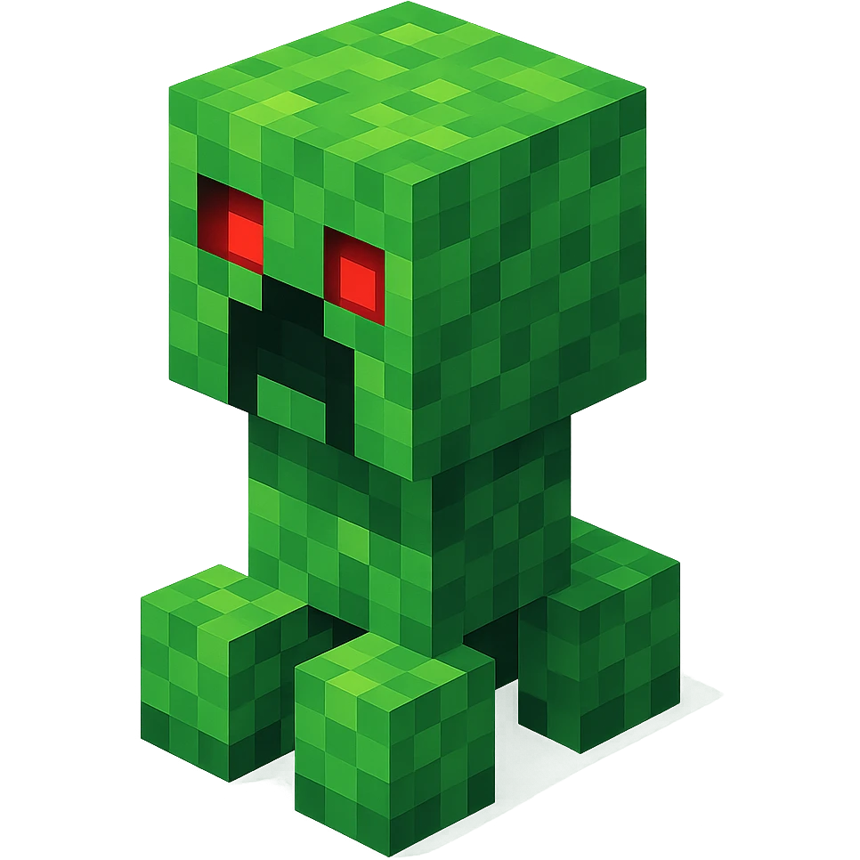 Minecraft Creeper, 3D blocky voxel style, green pixelated texture, facing forward, scary expression with glowing red eyes, horror style emoji