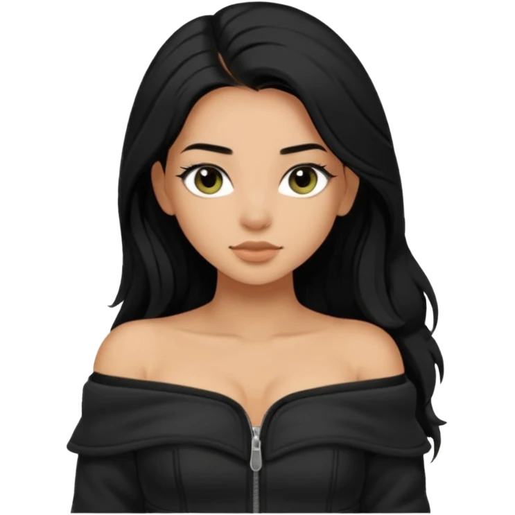 Siyah uzun saçlı siyah ceket  polar ceket ceket gevşek biraz omzundan çıkıyormuş gibi ve bugday ten rengi soltaraftaki omzundan çıkık sadece içinde de siyah crop var crop açık esmer esmer emoji