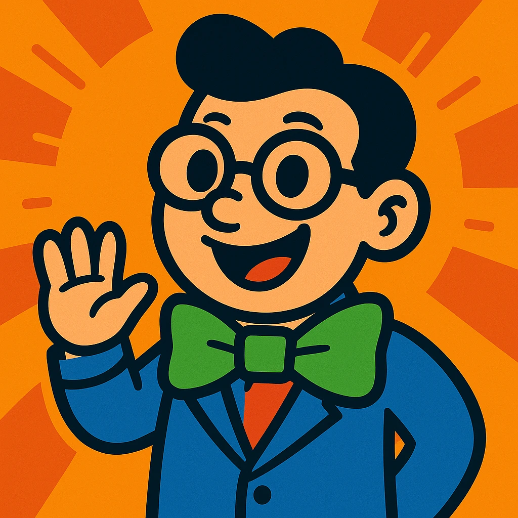Add playful glasses to the person with a prominent green bowtie, in the same vibrant cartoon style. emoji