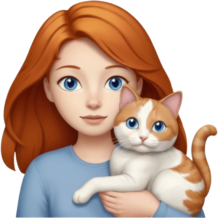 A ginger with blue eyes holding a very large dilute calico (grey, white, beige coloured) cat. emoji