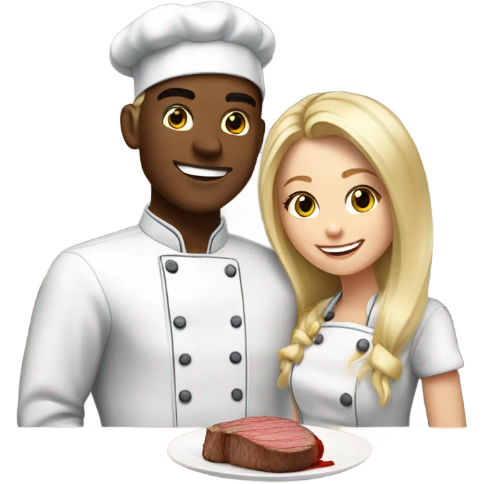 20 year old white Blonde couple eating steak girl with long hair in chef outfit  emoji