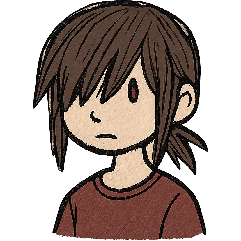 A boy with bangs covering his eyes, long hair sticking out at the back, and long side locks. He has brown eyes and dark brown hair, and is wearing a maroon t-shirt. emoji