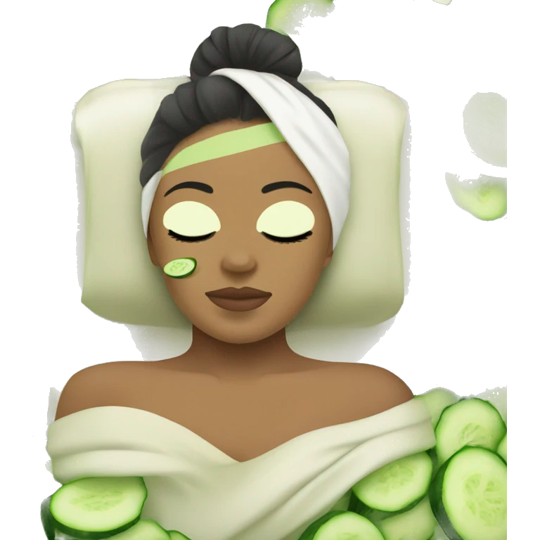 A girl’s face with a green relaxing spa mask on, her eyes closed, with a peaceful and serene expression. Her hair is tied back with a towel wrap, and there are small details of cucumber slices placed over her eyes. emoji