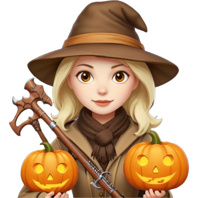 female human monster hunter emoji, wearing brown coat and hat, holding crossbow, soft smile, scarf, glowing pumpkin by her side, Halloween fantasy style, clean vector Apple emoji look, bright colors, white background, square emoji