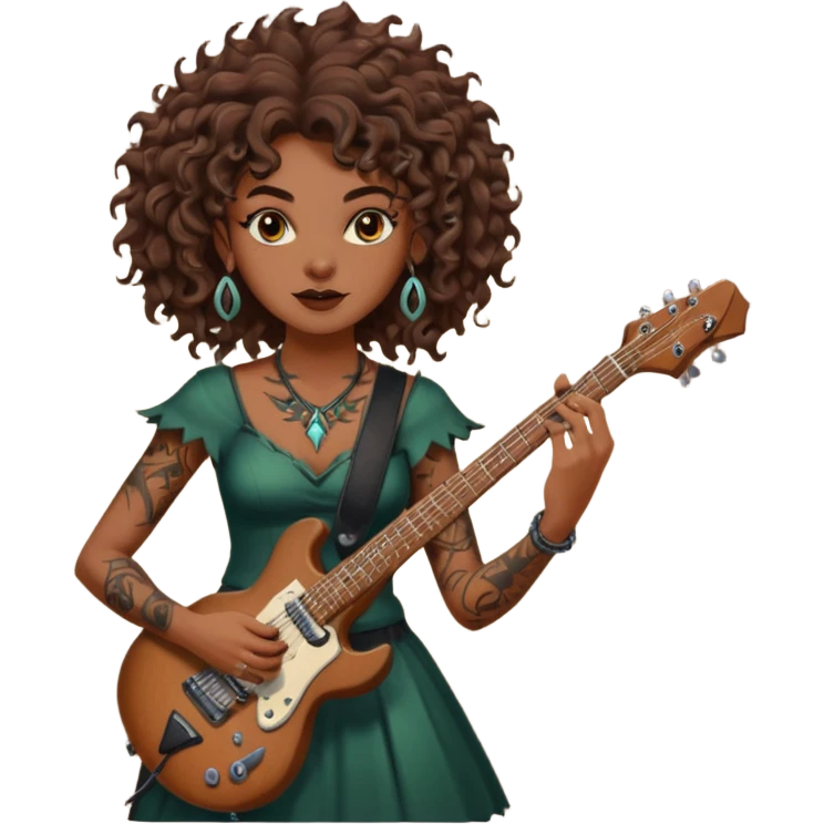 Brown eyes, brown hair curly forest witch playing electric guitar sexual with tattoos emoji