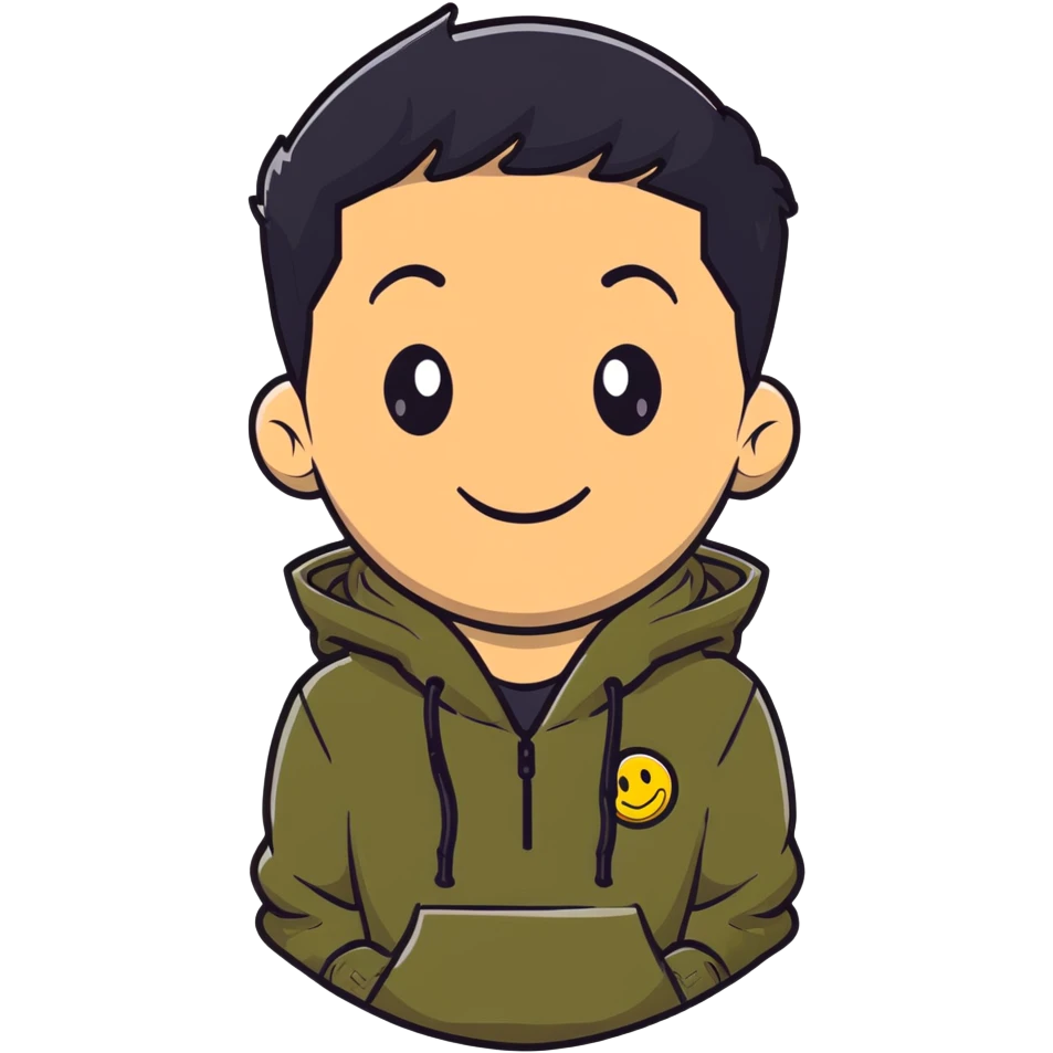 man with smiley face, black hair military cut, brown eyes, wearing 2 circle earrings and a black hoodie emoji